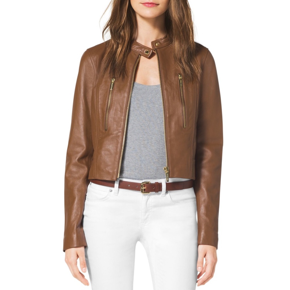 Michael Kors Cropped Leather Moto Jacket